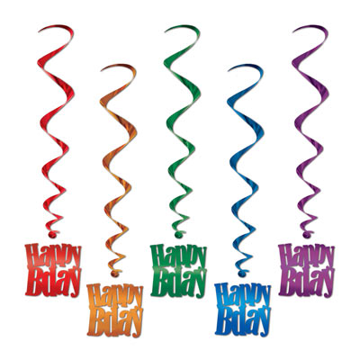 Assorted color metallic whirls with "Happy Bday" icons attached.