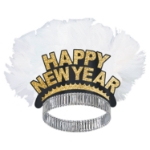 black and gold new year's eve tiara with a big white feather