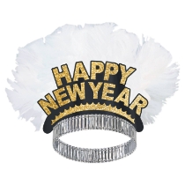 black and gold new year's eve tiara with a big white feather