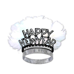black and gold happy new year tiaras with white feathers