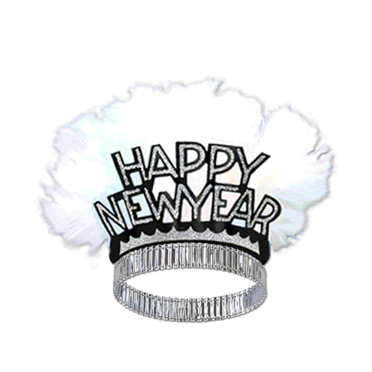 black and gold happy new year tiaras with white feathers