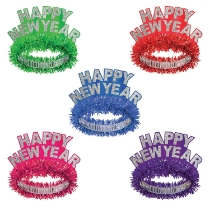 Pink, red, blue, purple and green happy new year regal tiaras  with silver glitter highlighting the lettering. 