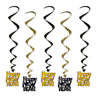 Black and gold metallic whirls with "Happy New Year" icons attached. 