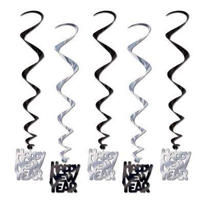 Black and silver metallic whirls with "Happy New Year" icons attached. 