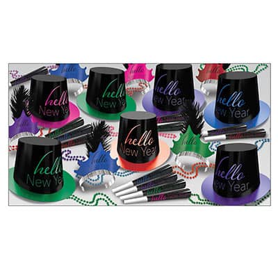 Hello New Year Assortment for 50 Hello New Year Assortment for 50, bright color, cerise, blue, green, new years eve, party kit, hat, tiara, horn, beads, wholesale, inexpensive, bulk, party favor, nye