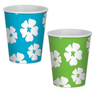 Paper cups with blue and green backgrounds and white hibiscus flowers. 