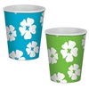 Paper cups with blue and green backgrounds and white hibiscus flowers. 