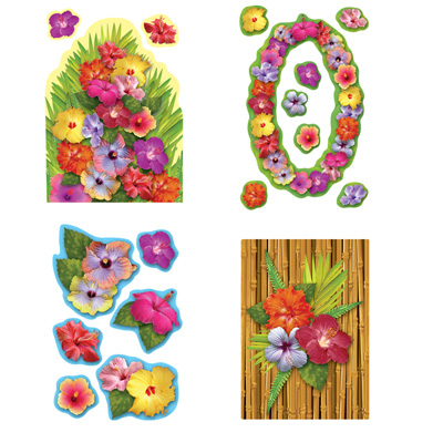 Colorful Hibiscus Flower Cutouts wall decorations for a Luau party