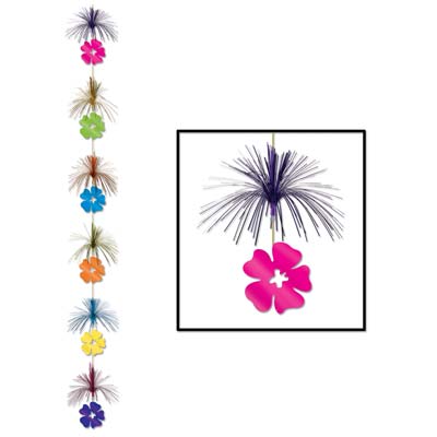 Stringer with assorted colored metallic material to replicate fireworks and assorted colored flowers.