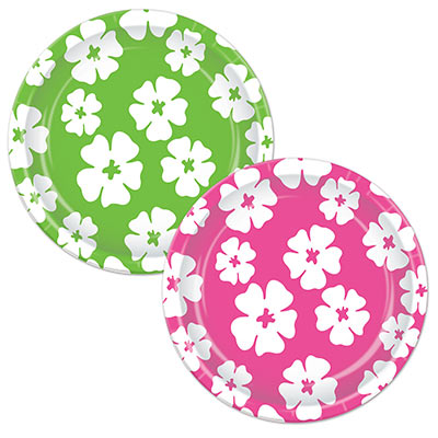 Green and Pink with white Hibiscus Plates for a Luau Party