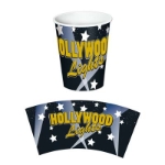 Paper cup printed black with white stars and "Hollywood Lights" in gold.