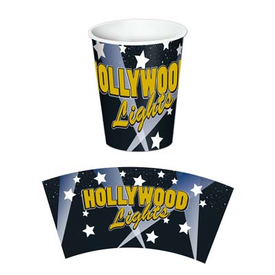 Paper cup printed black with white stars and "Hollywood Lights" in gold.