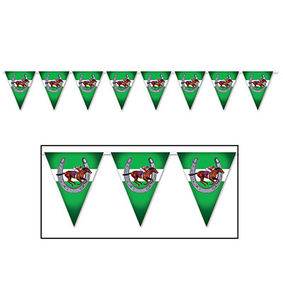 Pennant banner with green pennants printed horses and a horse shoe on each piece.