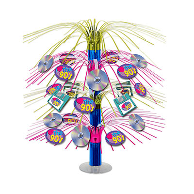 Cascade metallic centerpiece in bight colors and icons of "I love the 90s", CDs and floppy disks.