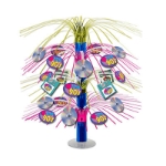 Cascade metallic centerpiece in bight colors and icons of "I love the 90's", CD's and floppy disks.