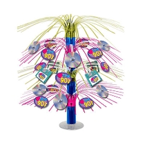 Cascade metallic centerpiece in bight colors and icons of "I love the 90's", CD's and floppy disks.
