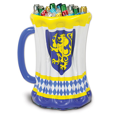 Inflatable Beer Stein Cooler printed with Oktoberfest colors and the Bavarian Lion.
