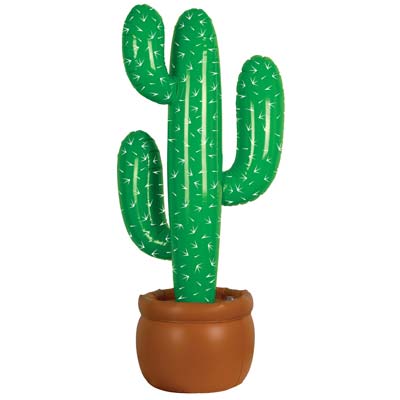 Plastic inflatable cactus in a brown planter.