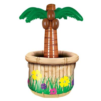 Inflatable palm tree in a wooden planter with grass and flowers printed on it.