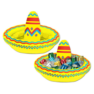 Large inflatable plastic sombreros for ice and drinks.