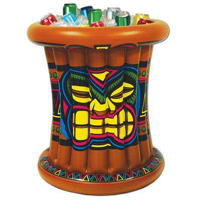 Inflatable plastic cooler shaped and printed with bright colors to replicate a tiki.
