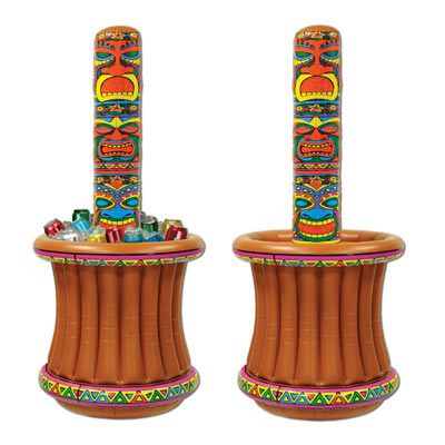 Inflatable Tiki Totem Cooler printed with bright colors and a large bottom for ice and drinks.