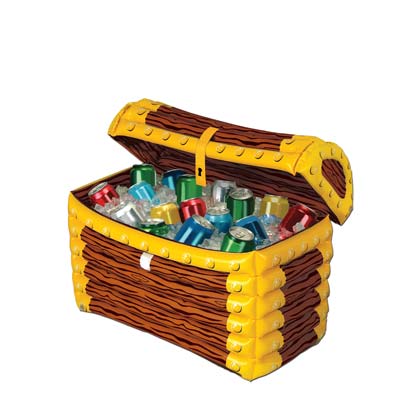 Inflatable treasure chest cooler made of plastic to hold ice and drinks.