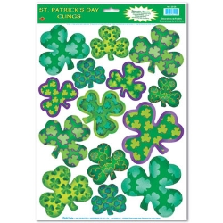 Variously designed green shamrock clings for St. Patricks Day.