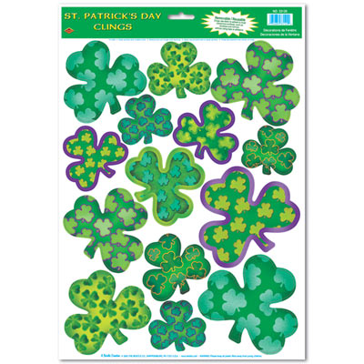 Variously designed green shamrock clings for St. Patrick's Day.