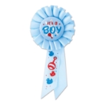 It's A Boy Light blue Rosette with red and dark blue metallic lettering and baby image designs 