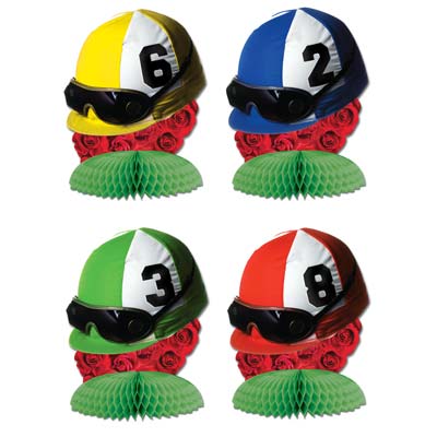 Jockey Helmet Centerpieces comes in assorted colors of green, blue, red, and yellow sitting on green round tissue base.