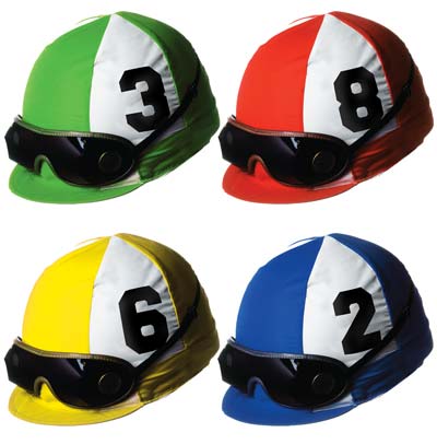 Jockey Helmet Cutouts printed on card stock material with colors of red, green, yellow and blue.