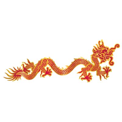 Card stock cutout of a dragon printed in colors of red and yellow.