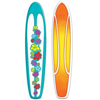 Card stock surfboard printed with bright colors for your luau party.