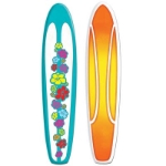 Card stock surfboard printed with bright colors for your luau party.