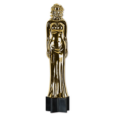 Awards Night Female Statuette Cutout has a black base with a golden female statuette.