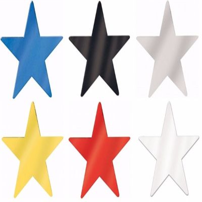 Jumbo foil star cutouts in assorted colors of blue, black, silver, yellow, red and white.