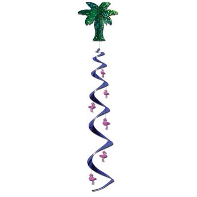 Green palm tree at the top with a blue metallic whirl and pink flamingos attached.