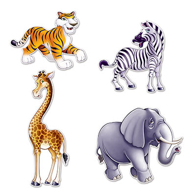 Jungle Animal cutouts of a tiger, zebra, giraffe and elephant.