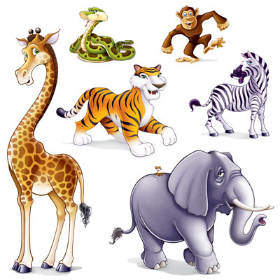 Jungle Animal Props of a giraffe, elephant, tiger, snake,zebra and monkey printed on thin plastic material.