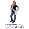 Kiss Me Its My Birthday White Satin Sash with Purple lettering and colorful dots