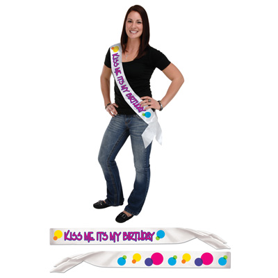 Kiss Me It's My Birthday White Satin Sash with Purple lettering and colorful dots