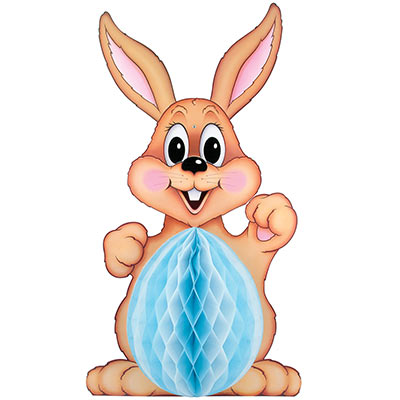 Printed and cutout brown bunny with a blue tissue egg attached.