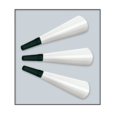 White foil horns with a black plastic mouth piece. 