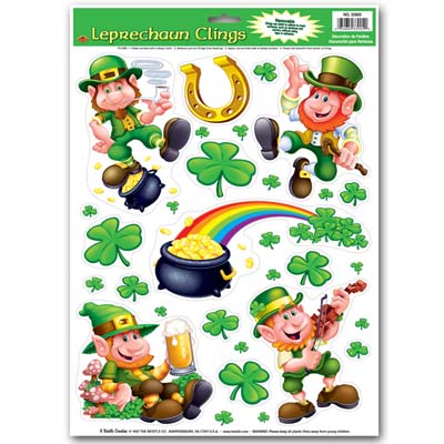 Plastic cling material with shamrocks and leprechauns.