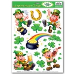 Plastic cling material with shamrocks and leprechauns.
