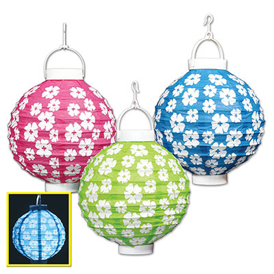 Pink, Blue and Green Light-Up Hibiscus Paper Lanterns