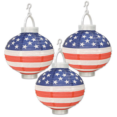 Light-Up Patriotic Paper Lanterns printed with stars and stripes.