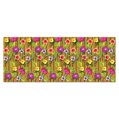 Luau Backdrop filled with bamboo and flowers printed on thin plastic material.