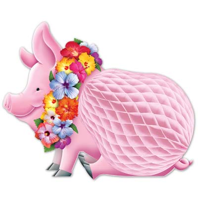 Luau Pig Centerpiece with card stock material and a tissue body including a colorful flowered lei print.
